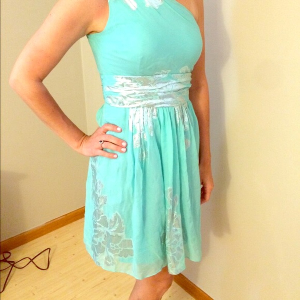 Eliza J one shoulder teal & metallic dress
